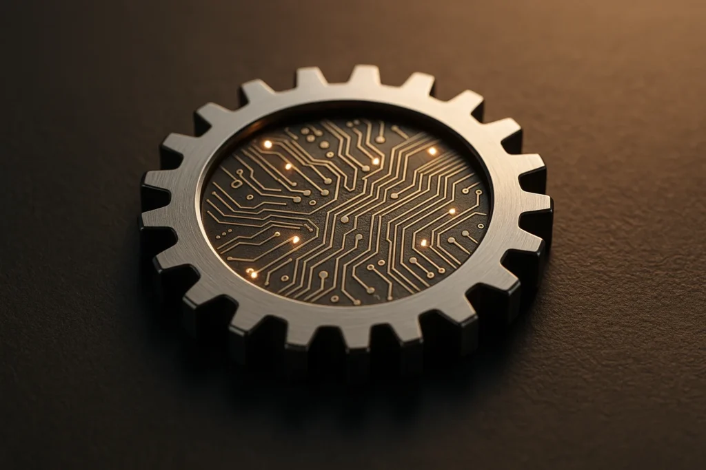 A single polished metallic gear with embedded circuit-board patterns and tiny LED filaments glowing softly, placed on a dark textured desk surface. Mi...
