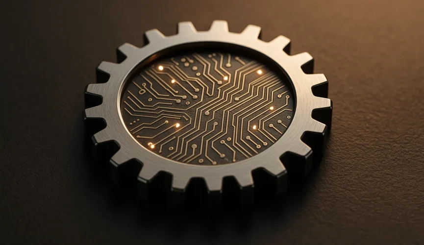 A single polished metallic gear with embedded circuit-board patterns and tiny LED filaments glowing softly, placed on a dark textured desk surface. Mi...