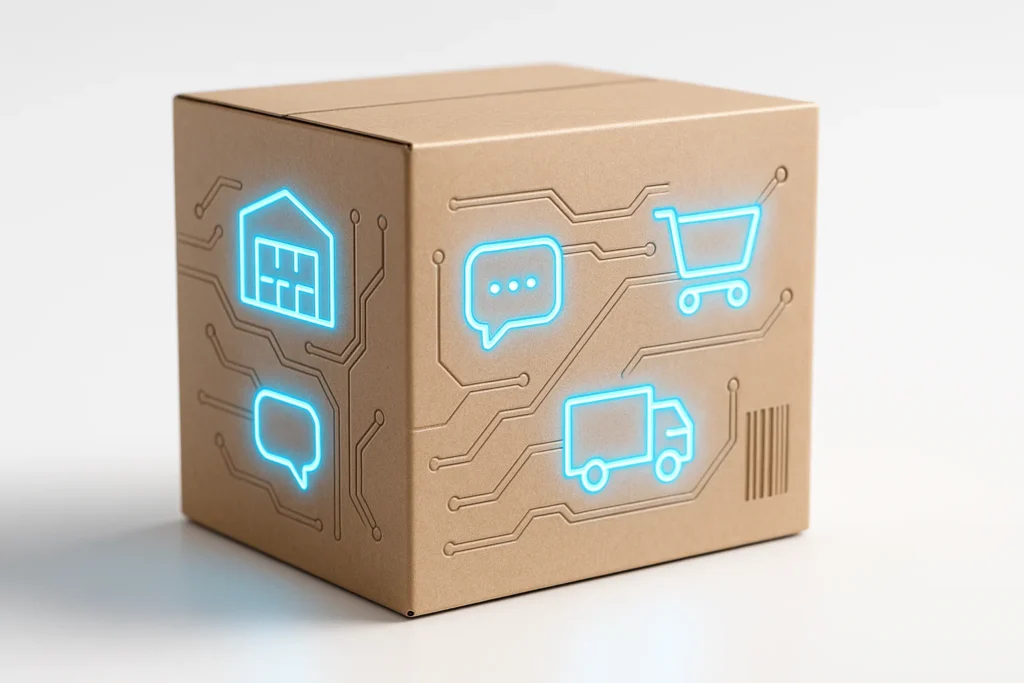 A single smart shipping box on a clean white background, surface embossed with subtle circuit lines and glowing blue icons representing inventory, car...