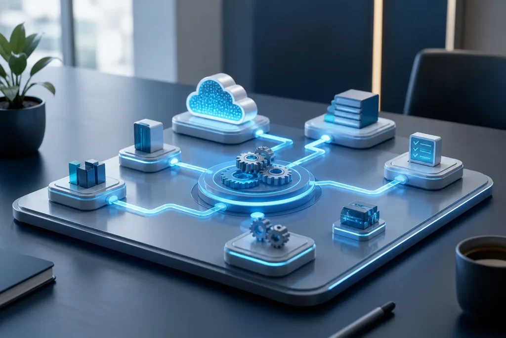 A sleek autonomous workflow automation hub on a modern office desk, with subtle glowing pathways connecting organized process modules, gears, and clou...