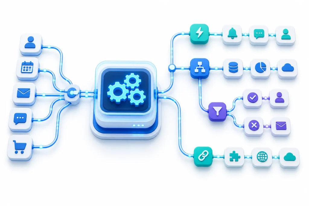 A sleek, futuristic automation pipeline represented by connected glowing nodes and modular app icons flowing through a central workflow engine, with b...