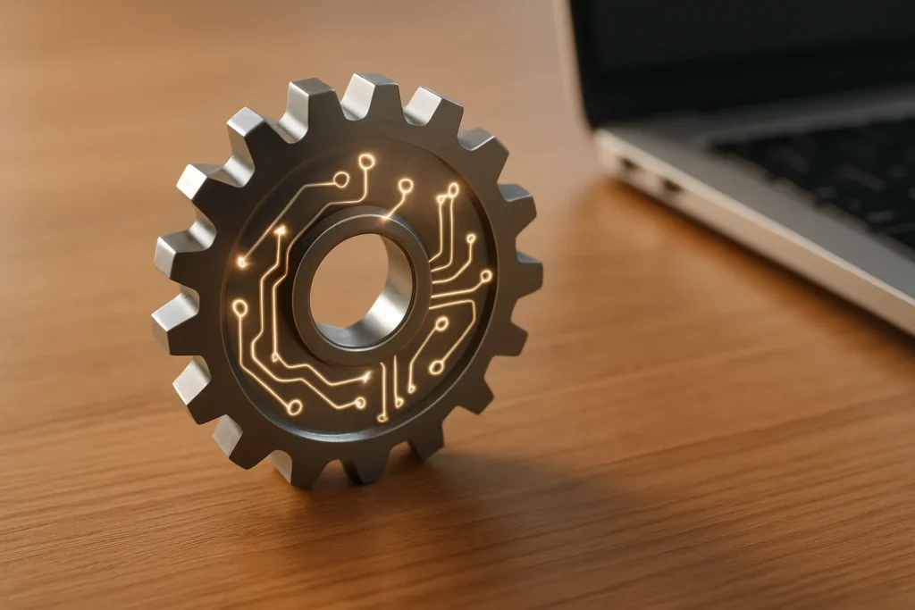 Close-up of a single polished metallic gear with etched circuit traces glowing faintly, resting on a warm wooden desk beside the edge of a laptop, sof...
