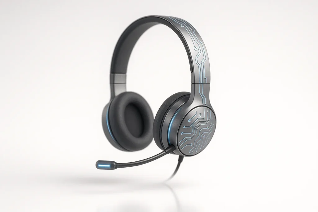 Minimalistic, photorealistic metallic headset with integrated digital circuit patterns and soft blue LED accents, floating centered on a clean white b...