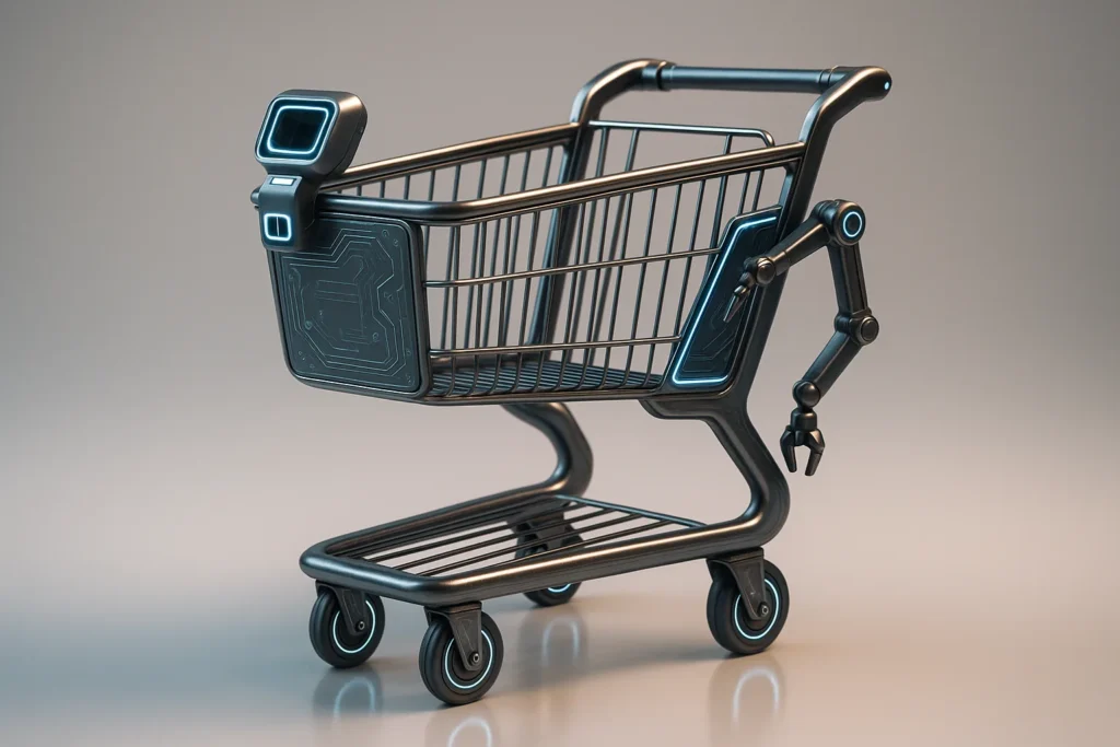 Single futuristic automated shopping cart as the sole object, sleek metallic frame with subtle circuit-board patterns and glowing blue LEDs, integrate...