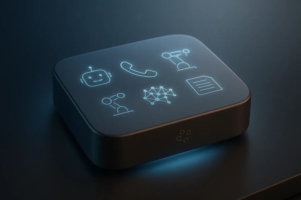 Single object: a sleek glowing support hub device combining icons of chatbot, IVR handset, robotic arm, neural network and document stack engraved sub...