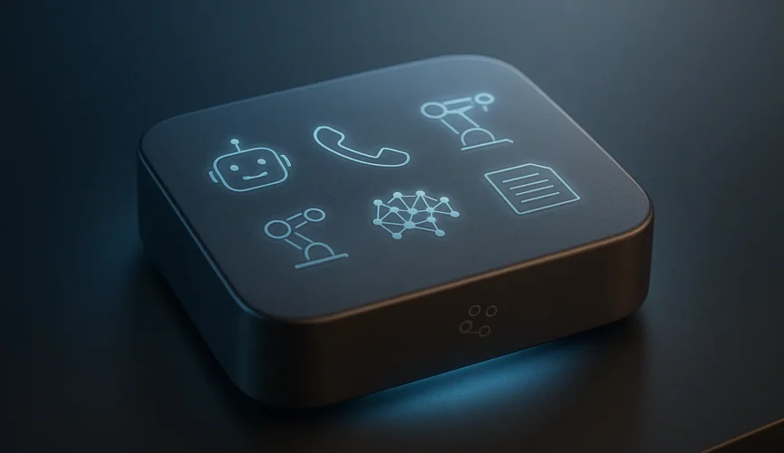 Single object: a sleek glowing support hub device combining icons of chatbot, IVR handset, robotic arm, neural network and document stack engraved sub...