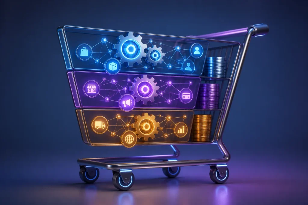 A polished 3D ecommerce automation dashboard represented as a single futuristic shopping cart with glowing gears, connected nodes, coins, and three su...