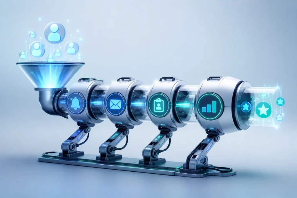 A sleek, modern CRM automation control panel represented as one connected robotic pipeline funnel, with glowing icons for leads, reminders, email sequ...