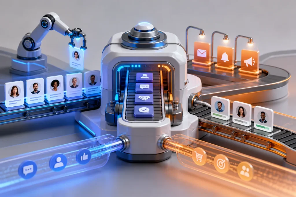 A sleek robotic sales pipeline machine processing contact cards, deal stages, follow-up alerts, and customer journey signals, with two connected pathw...
