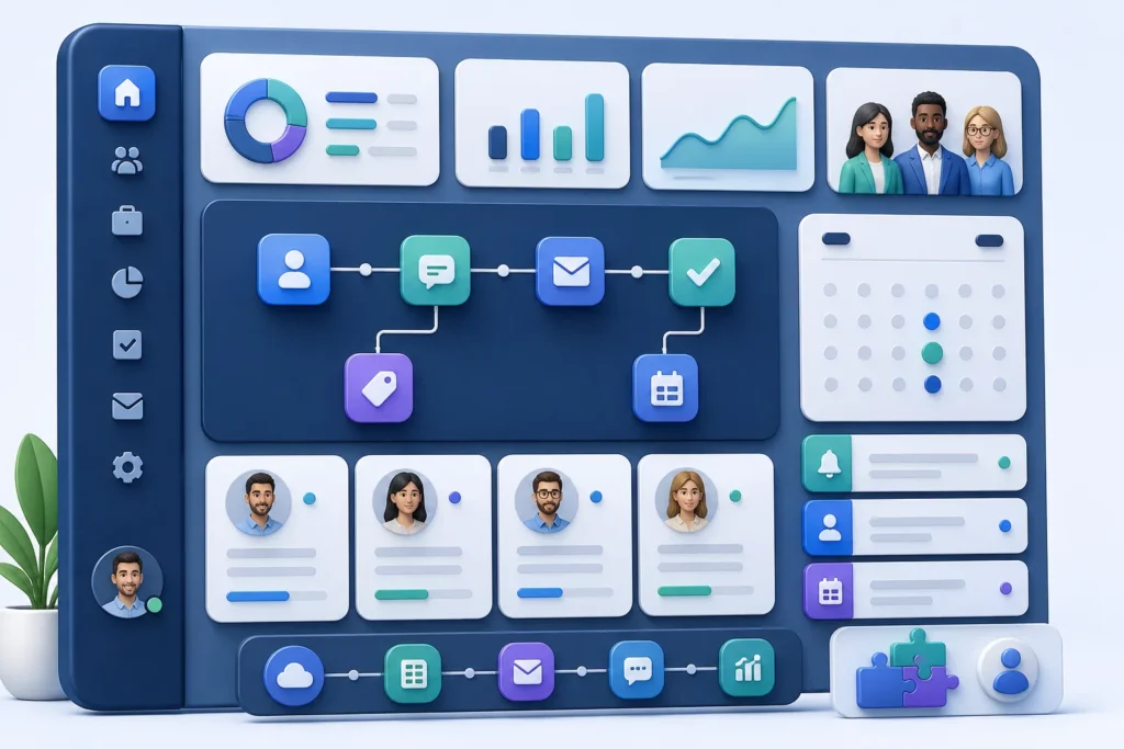 Best CRM Automation Tools for Small Sales Teams - A polished desktop CRM dashboard represented as a single sleek control panel with connected workflow nodes, contact cards, calendar reminders, and int...