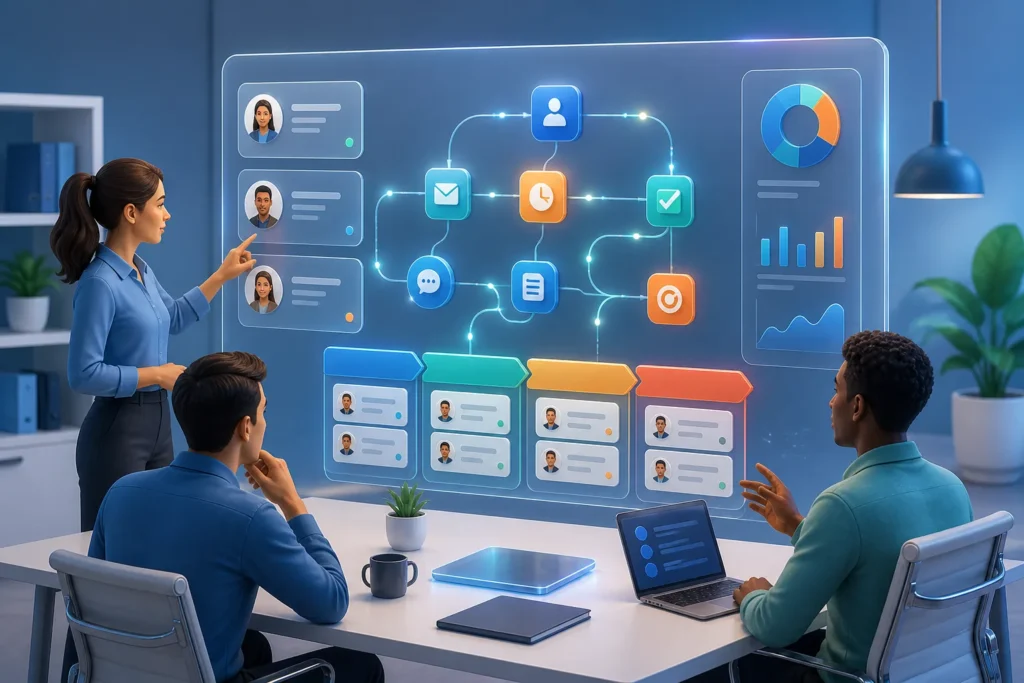 Create a clean, modern 3D illustration of a small sales team’s CRM automation hub: a sleek transparent control panel with connected workflow nodes, co...