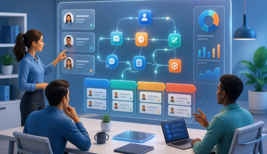Create a clean, modern 3D illustration of a small sales team’s CRM automation hub: a sleek transparent control panel with connected workflow nodes, co...