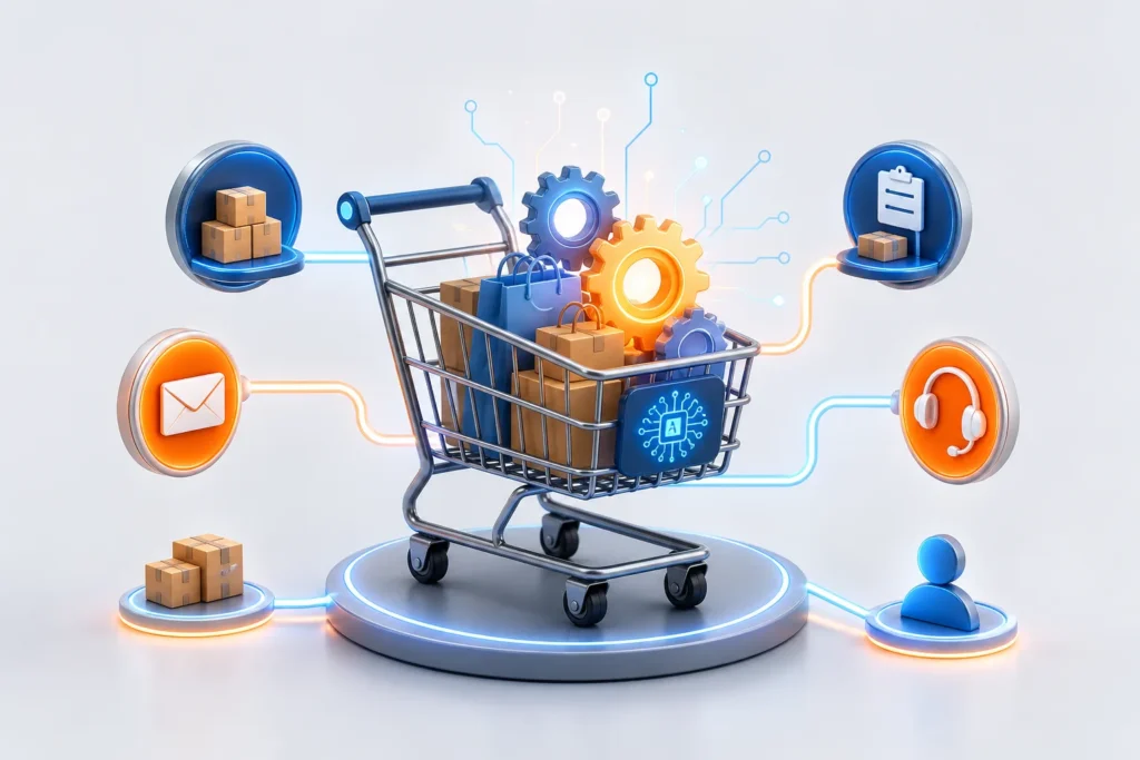 Create a clean, modern editorial illustration of a compact ecommerce automation dashboard represented as a single sleek shopping cart with glowing gea...