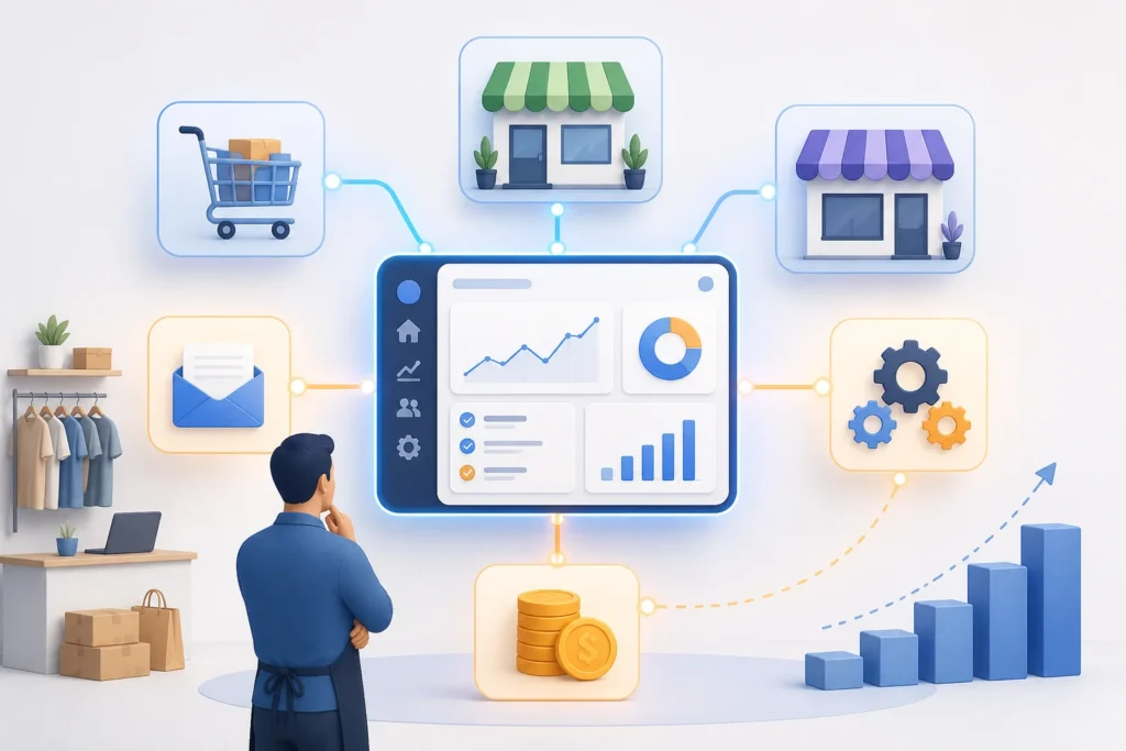 Create a clean, modern editorial illustration of a small retail store choosing between automation tools: a central dashboard connected by glowing line...