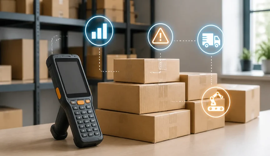 Create a clean, photorealistic featured image of a smart inventory scanner beside neatly stacked ecommerce packages, with subtle glowing icons represe...