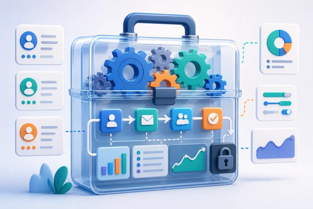 Create a polished editorial illustration of a CRM automation dashboard represented by a transparent toolbox with colorful gears, flow arrows, contact...