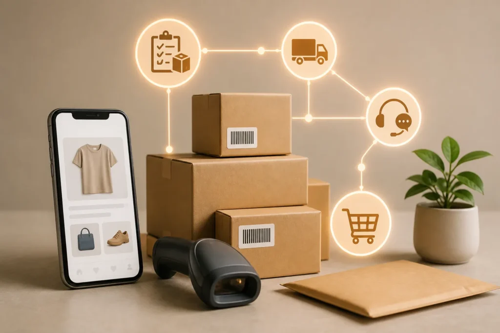 Ecommerce Automation Examples for Small Online Stores - Create a clean editorial-style featured image showing a small ecommerce automation hub: a smartphone beside neatly stacked parcels, barcode scanner, a...