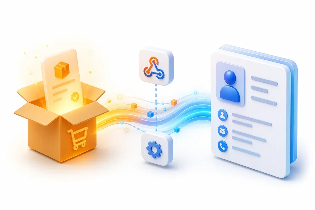 How do you build an n8n workflow that syncs new ecommerce orders with a CRM and sends customers a confirmation?